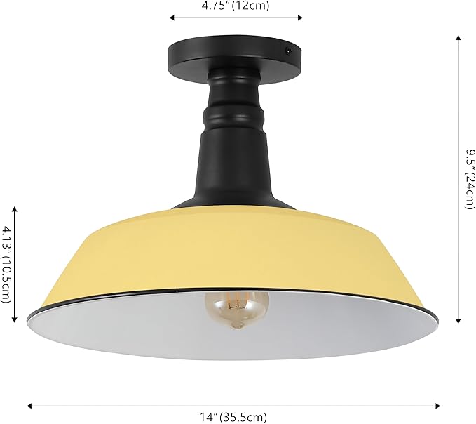 JONATHAN Y 14" Matte Yellow/Black 1-Light Industrial LED Semi Flush Mount Ceiling Light for Porch, Kitchen, Entryway, Modern Farmhouse Iron Fixture, White Metal Shade, LED Bulb Included (JYL7617H)