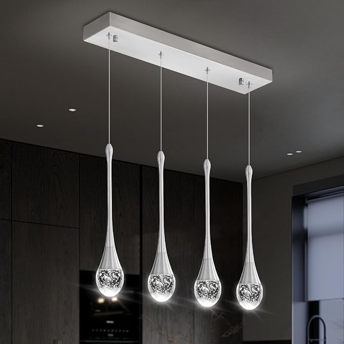 ykolupty Dining Room Light Fixture 4-Light Silver Kitchen Island Lighting Industrial Linear Crystal Chandeliers for Dining Room Pendant Light Fixture for Living Room Hallway Bedroom