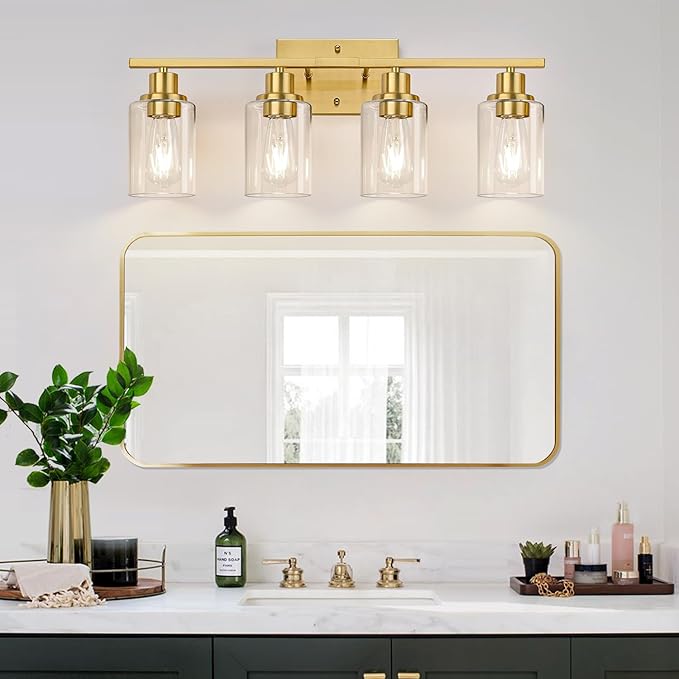 Indoi 4-Light Vanity Lights with Clear Glass Shades, Brushed Gold Bathroom Light Fixtures Over Mirror, Modern Bathroom Wall Lamp for Mirror Living Room Cabinet Bedroom Porch
