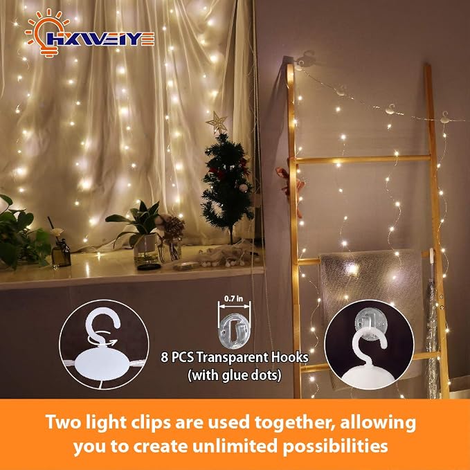 HXWEIYE Short Curtain Lights for Small Window, 3.3x5Ft USB Plug in Warm White Fairy Light with Timer & 8 Clips for Bedroom, 96Led String Light for Bedroom Indoor Weddings Party Garden Wall Décor