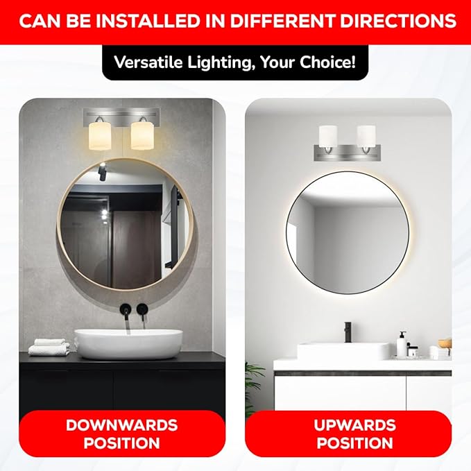 The Door Bull Modern 2-Light Bathroom Vanity Light – Brushed Nickel Fixture with Frosted Glass Shades, E26 Socket – Wall Sconce for Mirror, Bathroom, Kitchen, Hallway, Entryway