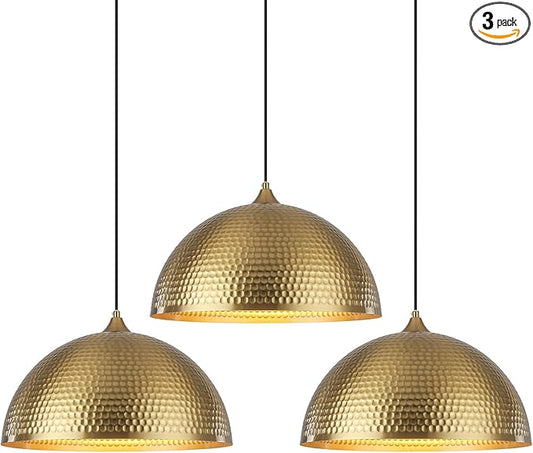 Gold Pendant Light 16 inch, Hammered Large Dome Pendant Light, Industrial Farmhouse Pendant Lights Kitchen Island, Oversize Gold Kitchen Pendant Lights for Kitchen, Dining Room 3 Packs