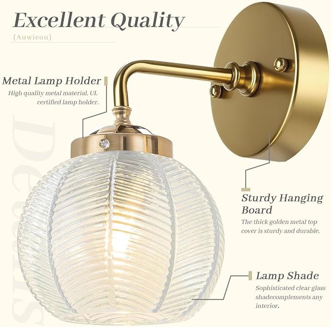 Vintage Wall sconces Glass Wall Sconces with Ribbed Clear Globe Glass Shade Gold Wall Sconce Modern Vanity Light Bathroom Wall sconces Over Mirro Wall lamp for Bedroom Hallway Living Room