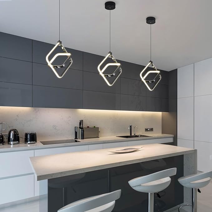 Modern LED Pendant Lights Plated Black Rectangular Pendant Light Fixtures 4000K 20W Dimmable Pendant Lighting for Dining Room Kitchen Island Bedroom Living Room Foyer（2-Pack）