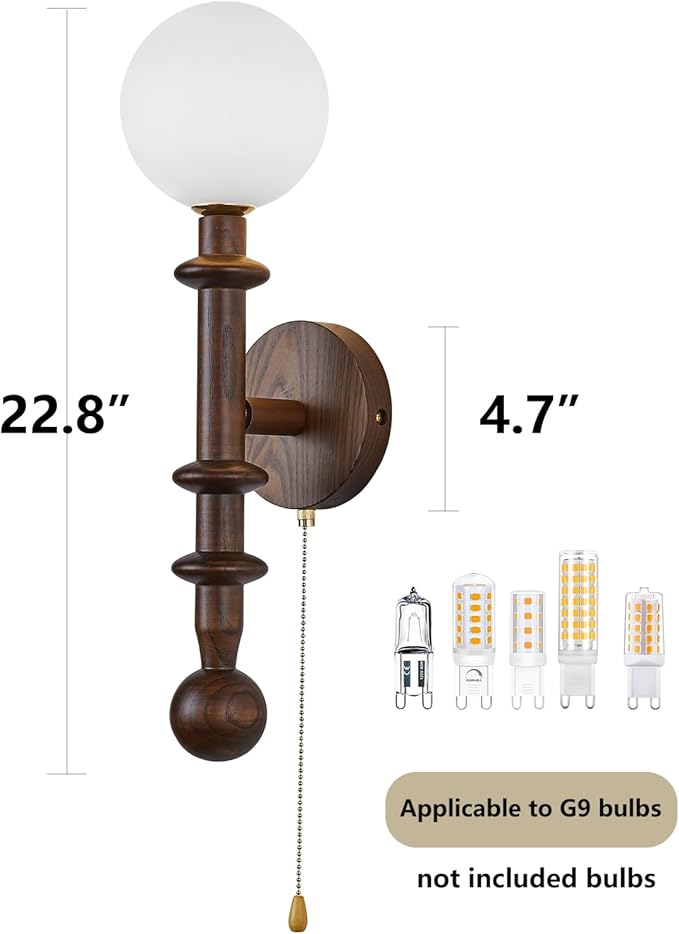 Wood Wall Sconce,Industrial Globe Wall Sconce,Modern Bedroom Vanity Wall Light fixtures with White Globe Glass Lampshade for Living Room、dinging Room