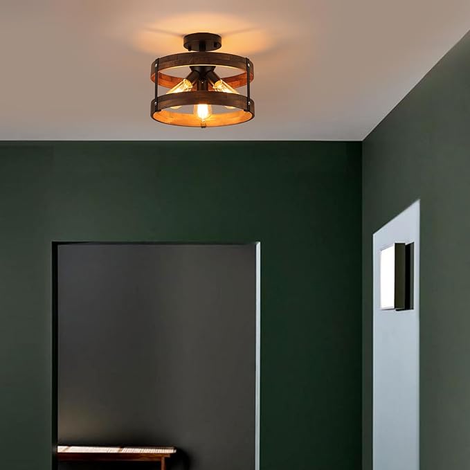 3-Light Rustic Farmhouse Wood Flush Mount Ceiling Light Fixture Oak Wood Round Drum Semi Flush Mount Ceiling Light for Hallway Hall Entry Bedroom Farmhouse Indoor, Black