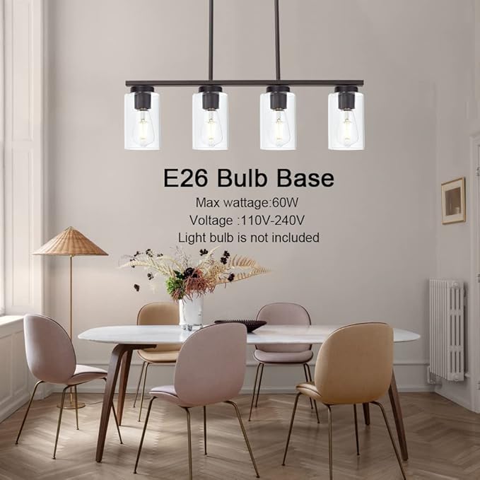 TODOLUZ Farmhouse Dining Room Chandelier 4-Lights Kitchen Island Light, Clear Glass Pendant Lighting Fixtures in Oil Rubbed Bronze