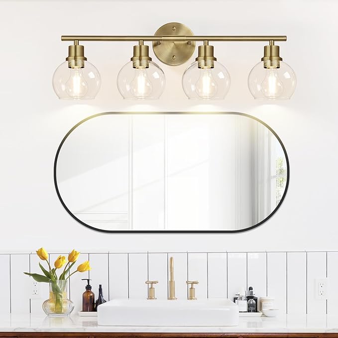 Indoi 4-Light Bathroom Light Fixtures, Brushed Brass Bathroom Lights Over Mirror with Clear Glass Globe Shade, Vanity Lights for Bathroom Kitchen Living Room Hallway Cabinet Bedroom Porch