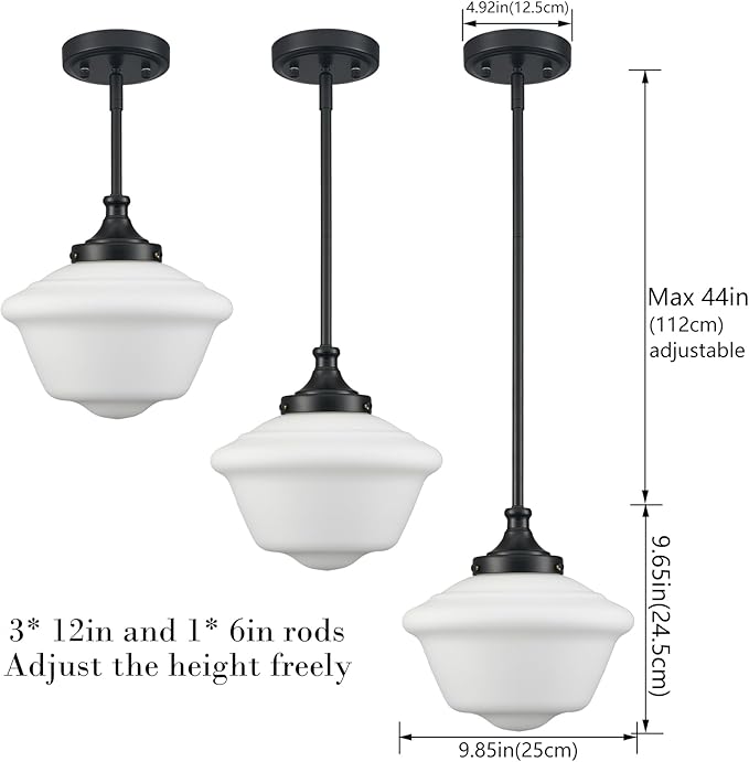 SAMTEEN 10-Inch Black Schoolhouse Pendant Light with White Glass Shade Schoolhouse Light Fixture Adjustable Height Modern Schoolhouse Pendant Lighting for Kitchen Island Dining Room Living Room