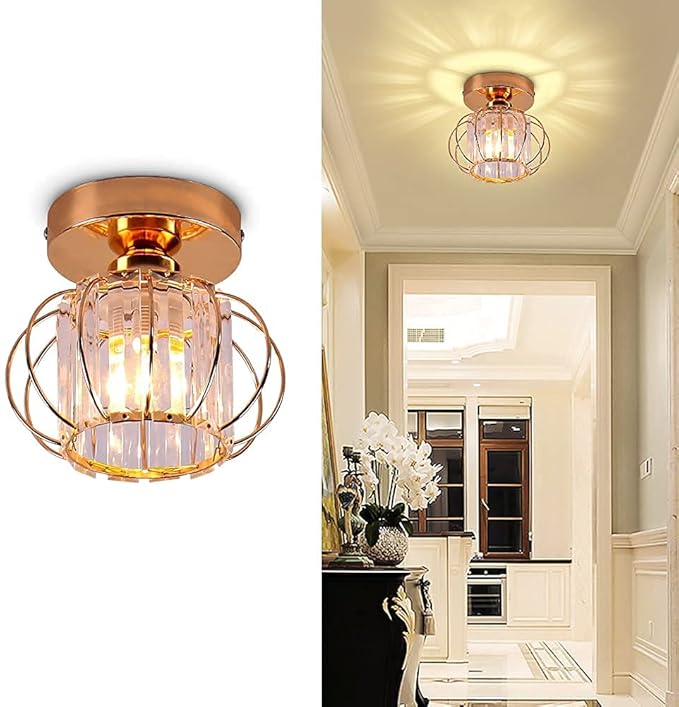 Gold Modern Semi Flush Mount Ceiling Light Fixture Mini Chandeliers Crystal Ceiling Flush Mount Ceiling Lighting Fixture Lampshade for Bedroom Kitchen Hallway Staircase Closet Dining Room E26 Base