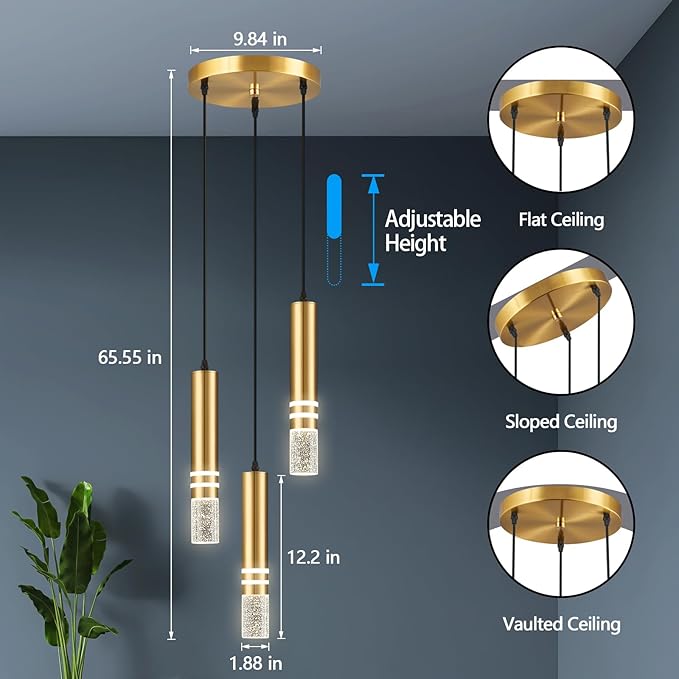 Pendant Lights Kitchen Island, Crystal Pendant Light Fixtures Mini 18W LED Modern Kitchen Pendant Lighting Over Sink and Living Room and Bedroom (Gold 3 Light)