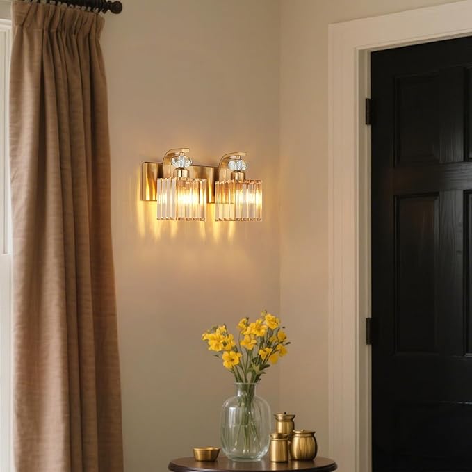 Modern Bathroom Vanity Light, 2-Light Gold Bathroom Lighting Fixtures Over Mirror, 12.6" Crystal Wall Light Sconce for Bathroom/Bedroom/Vanity, Includes LED Bulbs, Easy Installation