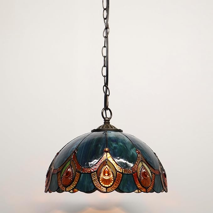Tiffany Pendant Light Plug in Stained Glass Hanging lamp 12X12X181 Inch Hanging Lamp Living Room Bedroom Kitchen Dining Room Office（Peacock Crystal Style