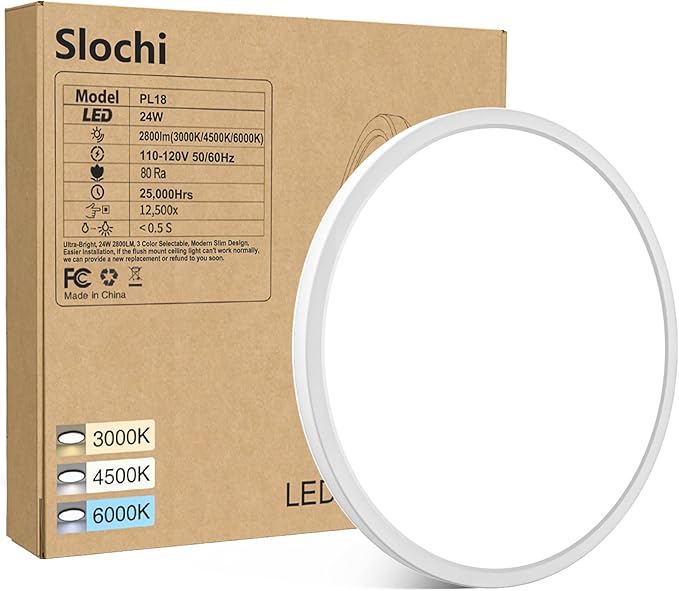 slochi LED Flush Mount Ceiling Light Fixture, 12Inch 28W LED Light, Dimmable & 3000K/4500K/6000K 3 Color Adjustable Round Light 3200LM Low Profile Ceiling Light Fixtures for Kitchen Bedroom