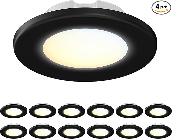 4 Inch LED Mini Surface Mount Light, Recessed Trim, Small Flush Mount Ceiling Light for Hallway, Bathroom, Kitchen, 120V, 60W Replacement, 5CCT Selectable, ETL, Wet Rated, Black/12 Packs