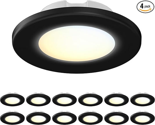 4 Inch LED Mini Surface Mount Light, Recessed Trim, Small Flush Mount Ceiling Light for Hallway, Bathroom, Kitchen, 120V, 60W Replacement, 5CCT Selectable, ETL, Wet Rated, Black/12 Packs