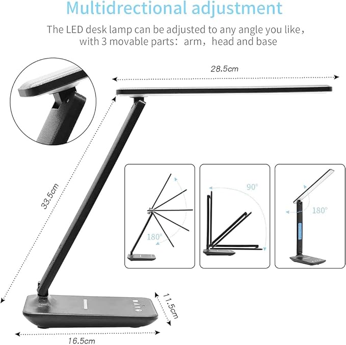 IHAO Multi-Functional Desk Lamp 10W Qi Wireless Charger 3 Color Modes 5 Brightness Levels Eye-Caring LED Light Faux Leather Finish Calendar Temperature Display Office Table Lamp TX26 Black