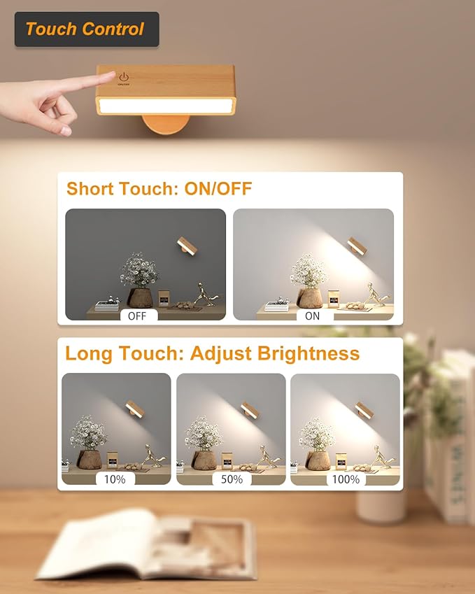DetarZinLED Wall Lights Battery Operated Wooden,Magnetic Wall Sconces Rechargeable,Adhesive Wall Lights for Bedroom,Dimmable Wall Mounted Bedside Lamp,Cordless Battery Wall Sconce for Bedroom Reading