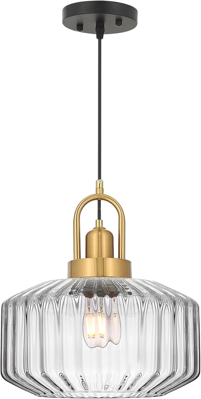 11.8in Mid Century Modern Clear Glass Pendant Light Fixture, Large Gold Kitchen Island Pendants Light Glass Ceiling Hanging Lamp for Foyer Dining Room Bedroom Entryway Hallway Over Sink