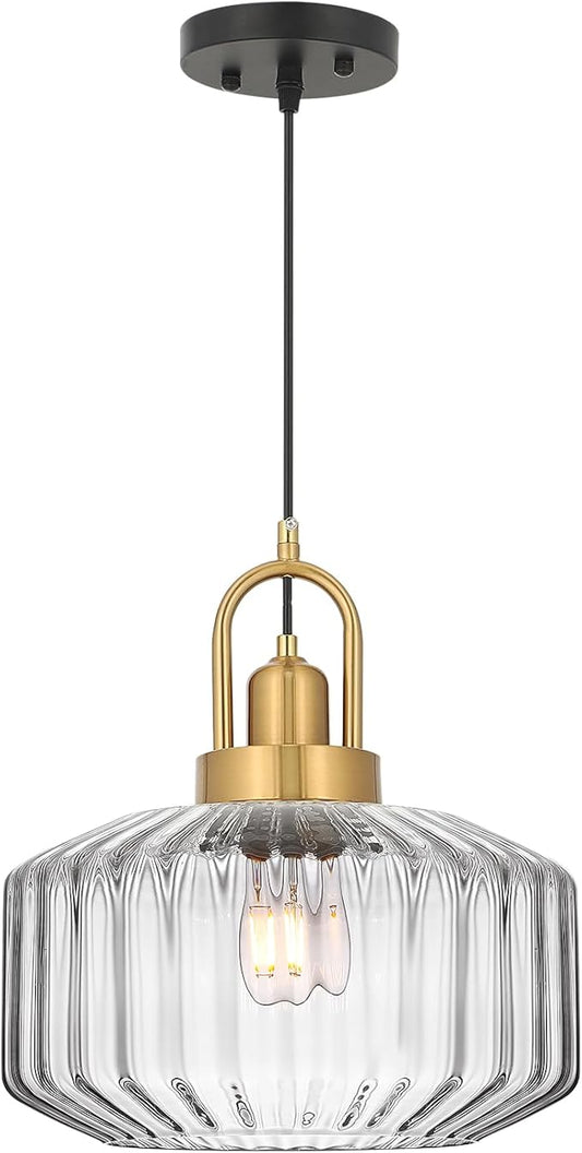 11.8in Mid Century Modern Clear Glass Pendant Light Fixture, Large Gold Kitchen Island Pendants Light Glass Ceiling Hanging Lamp for Foyer Dining Room Bedroom Entryway Hallway Over Sink