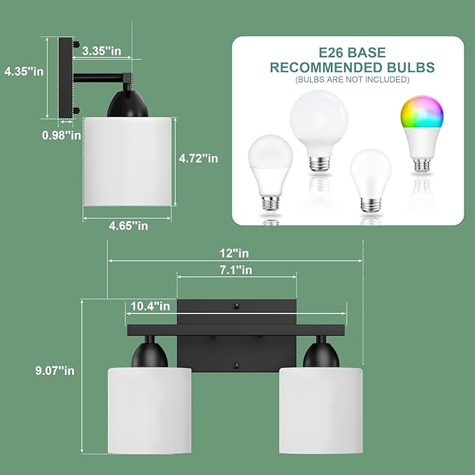 Black Bathroom Lights Over Mirror, Anti-rust Vanity Light Fixture for Bathroom, Modern 2-Light Wall Sconce Light for Living Room, Standard E26 Base, Milky White Glass Shades, Bulbs Not Included