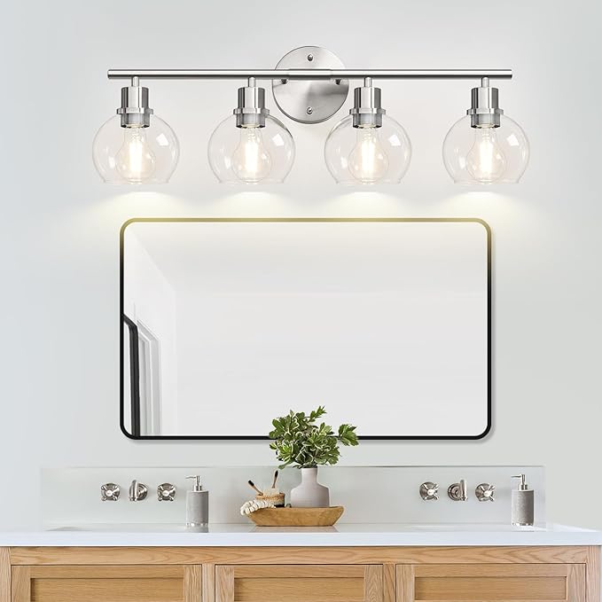Indoi 4-Light Bathroom Light Fixtures, Brushed Nickel Modern Vanity Lights Over Mirror with Clear Glass Globe Shade, Bathroom Wall Sconces for Mirror Kitchen Living Room Hallway Cabinet Bedroom Porch