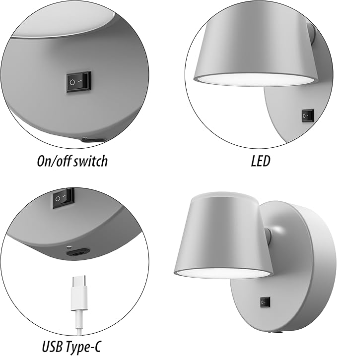 URSOLA Battery Operated Wall Sconce with Remote, LED Rechargeable Battery Wall Light with 9000mAh 3CCT and Dimmable Magnetic 360° Rotation Cordless Light for Bedroom（Grey）