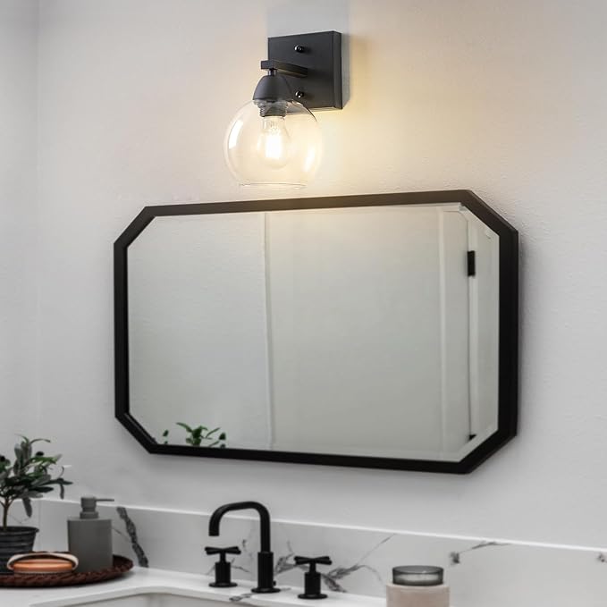 Bathroom Light Fixtures, 1-Light Matte Black Vanity Light with Hand-Blown Globe Glass Shade, High Clarity & Durable, Wall Sconce for Mirror, Kitchen, Bedroom, Hallway