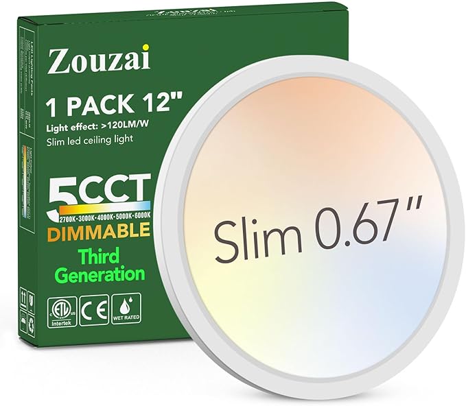 zouzai 3rd Gen Fireproof LED Flush Mount Ceiling Light, Dimmable 5CCT 2700K-6000K, 12 Inch 24W Ultra-Thin Round Lighting Fixture for Bedroom, lving Room, Bathroom, Kitchen, ETL Listed(12 inch 1 Pack)