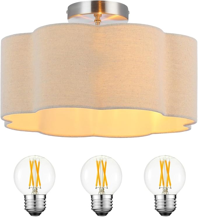 Newrays 3-Light Semi Flush Mount Ceiling Light Fixture, Fabric Shade Modern Close to Ceiling Lamp for Nursery Kids Room Bedroom Kitchen Hallway Entryway with 3PCS LED Bulbs (Linen)