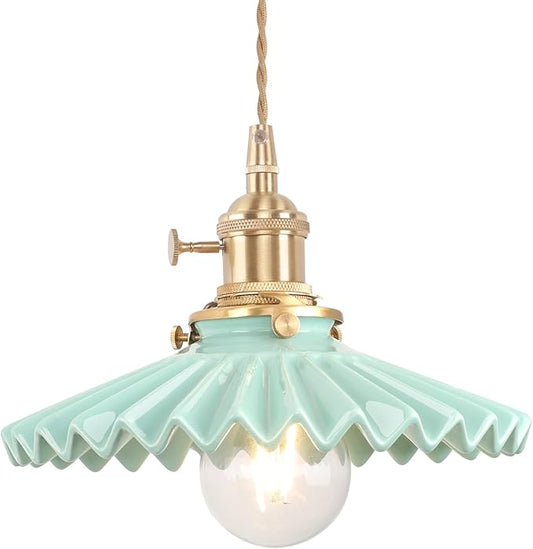Shenmoyl Pendant Light with Green Pleated Ceramic Lmapshade, Brass Vintage Pendant Light Adjustable Hanging Light for Kitchen Island Dining Room Hallway