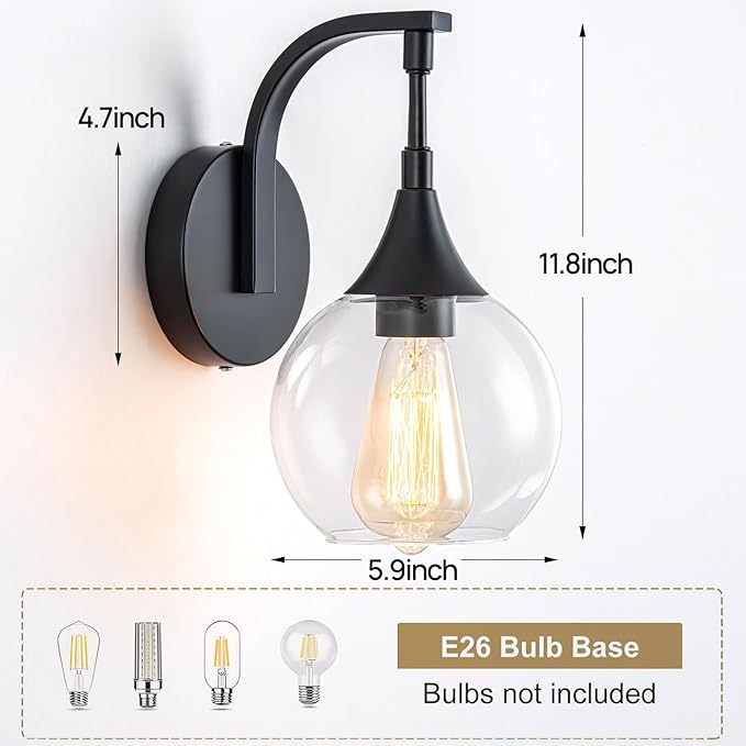 Black Wall Sconce Light, Modern Vanity Light Fixtures with 4.9 Inches Clear Glass Shade, Farmhouse Wall Lights for Living Room, Bedroom, Hallway