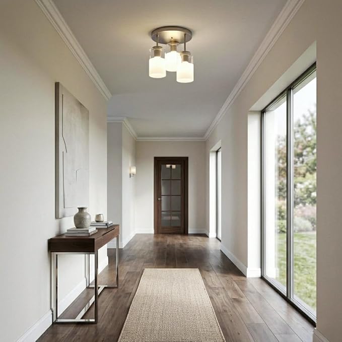 Maxax 3-Lights Nickel Semi Flush Mount Ceiling Light Fixture, 11.5" Modern Farmhouse Light Fixture with Clear Frosted Glass, E26 Base, for Kitchen, Foyer, Hallway, Entryway, Bedroom, Stairs