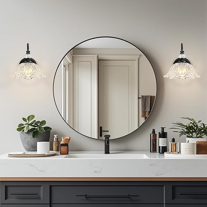 1 Piece Black Wall Sconce with Floral Clear Glass Shade, Black Farmhouse Wall Mount Lighting for Bathroom,Vintage Bathroom Vanity Light Fixture