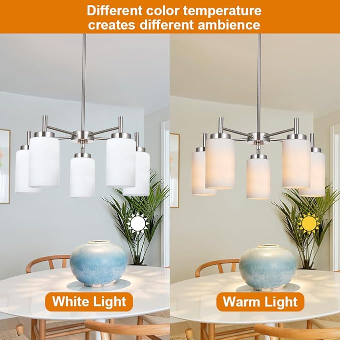 VINLUZ 5-Light Brushed Nickel Chandeliers Lighting Contemporary Modern Pendant Lamp with Opal White Glass Shade Farmhouse Dining Room Lighting Fixtures Hanging Adjustable for Kitchen Island