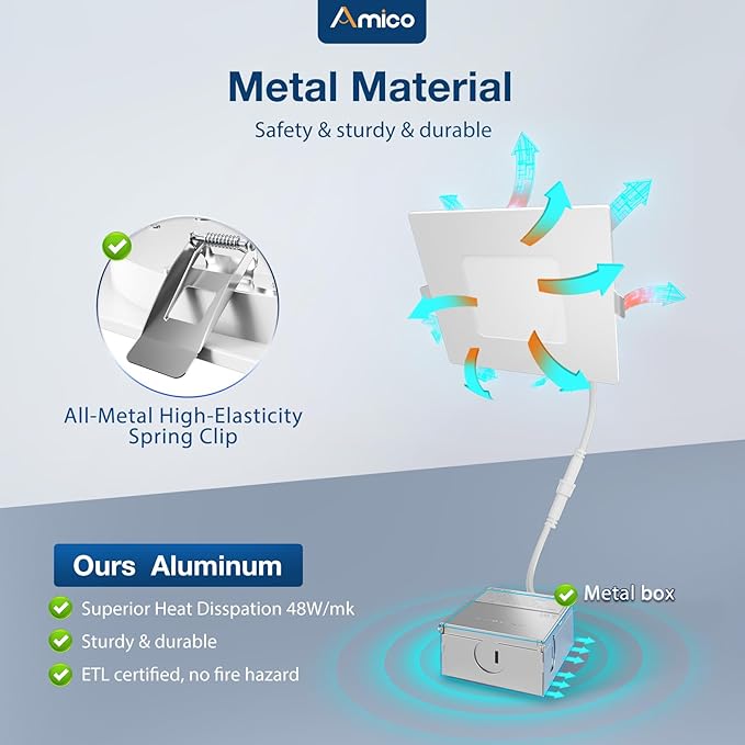 Amico 12 Pack 4 Inch Ultra-Thin LED Square Recessed Light with Junction Box, 5CCT 2700K/3000K/3500K/4000K/5000K Selectable, 700LM Brightness, Dimmable Canless Wafer Downlight, 10W, ETL&FCC