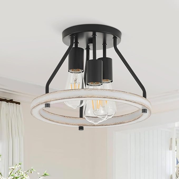 Rustic Flush Mount Ceiling Light Fixture with Oak White Wood Circle Shade Farmhouse Mini Semi Ceiling Lamps for Hallway Entryway Kitchen Closet 3-Light
