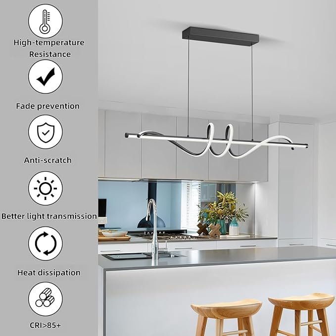 Modern LED Pendant Lights, Ceiling Chandelier Dimmable with Remote Control 3000k-6000K Adjustable Color Temperature, Aluminum Island Lighting Lamp Fixture for Kitchen, Dining Room(57in Black)