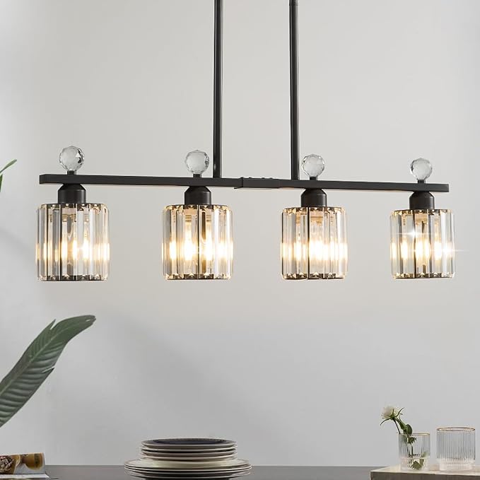Modern Dining Room Light Fixture Over Table, Crystal Pendant Lights Kitchen Island, Chandeliers for Dining Room Kitchen Light Fixtures (E26) 4-Light Black