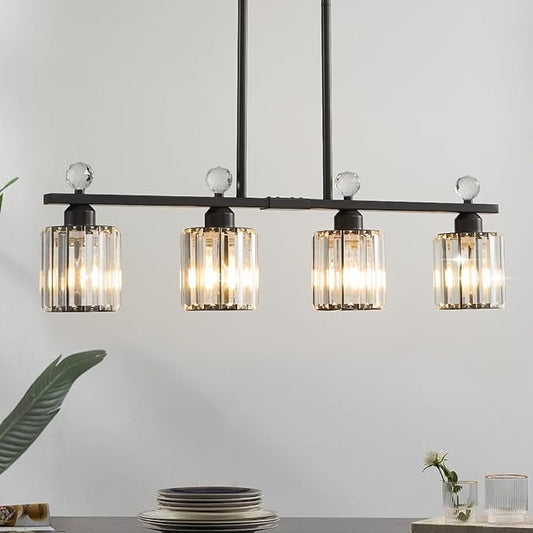 Modern Dining Room Light Fixture Over Table, Crystal Pendant Lights Kitchen Island, Chandeliers for Dining Room Kitchen Light Fixtures (E26) 4-Light Black