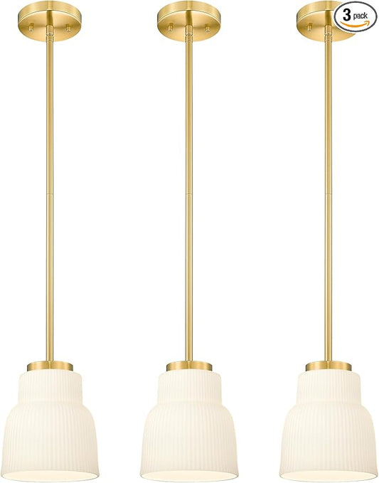 FEMILA 6.7" Kitchen Pendant Lighting Over Island, 3 Pack Brushed Gold Pendant Lighting, Milk Glass Hanging Light Fixtures for Bedroom Hotel Dining Room, 4FYD87MIL-3PK BG