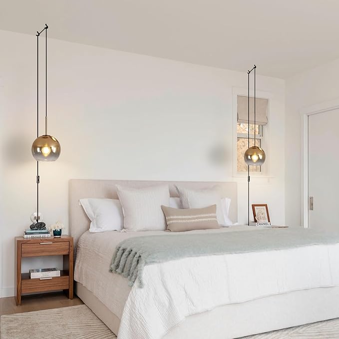KCO Lighting Modern Pendant Lights Kitchen Island Mid Century Plug in Pendant Light Glass Hanging Lamp with Cord Globe Gold Hanging Light Bedroom Ceiling Lights Plug in