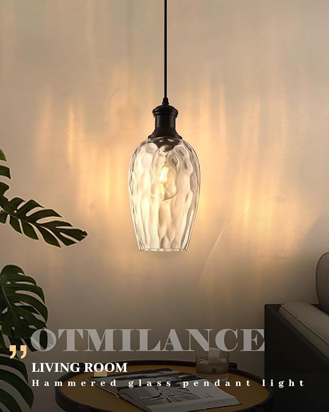 Pendant Lights Kitchen Island, 6.3” Black Blown Glass Pendant Lights 1-Pack, Farmhouse Pendant Light with Clear Hammered Glass, Modern Kitchen Pendant Light for Dining Room, Bathroom, Cafe