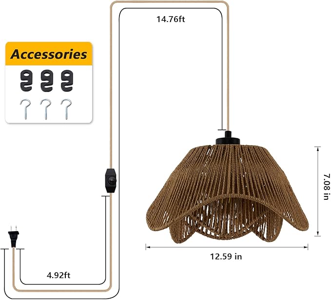 Plug in Pendant Light, Boho Rattan Hanging Lights with Plug in Cord,Rustic Hand Woven Wicker Hanging Lamp with On/Off Switch, Adjustable Plug in Ceiling Light for Kitchen Bedroom Living Room