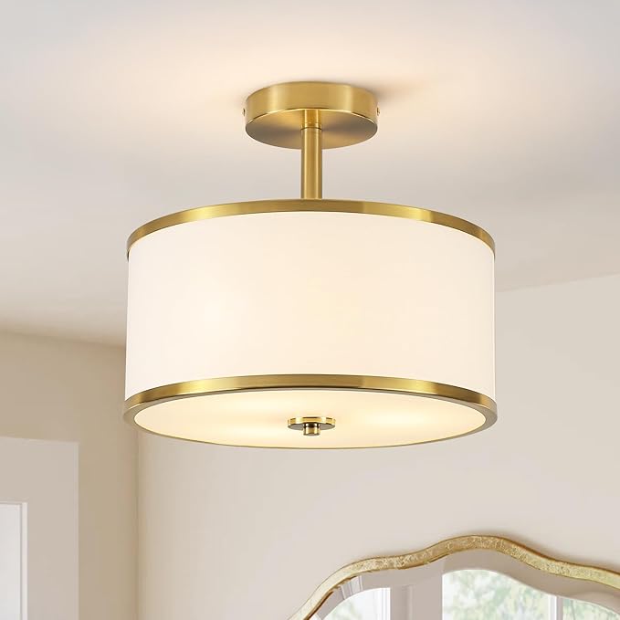 BUXVRCS Semi Flush Mount Ceiling Light Fixture, 3-Light Drum Lighting Fixtures, Hallway Light Fixture Ceiling Mount with Fabric Shade, Close to Ceiling Light for Bedroom Bathroom (Gold)