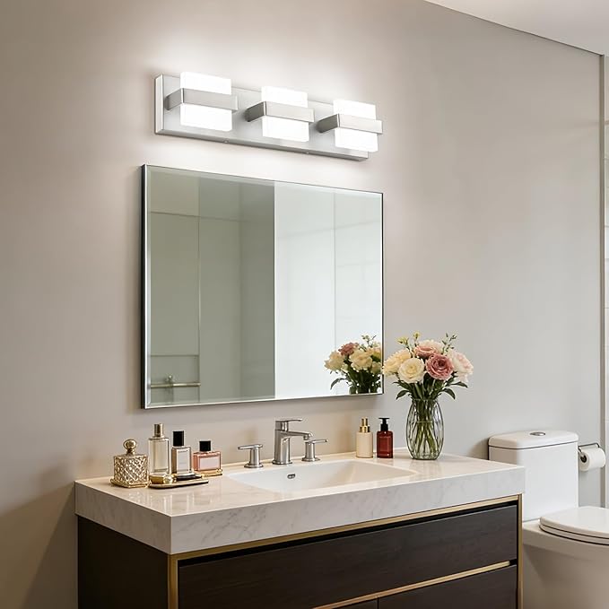 SOLFART Brushed-Nickel Bathroom Vanity Light Fixtures Over Mirror, Dimmable Vanity Lights for Bathroom, 3 Lights Bathroom Lighting Modern LED Lights