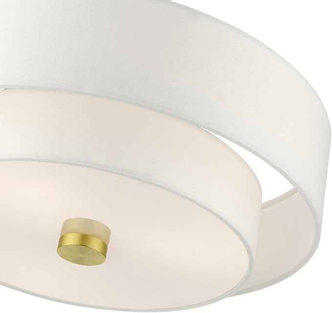 Livex Lighting 51044-12 Meridian Collection 3-Light Semi Flush Mount Ceiling Light with Off-White Hardback Fabric Shade, Satin Brass 15 x 15 x 8.25