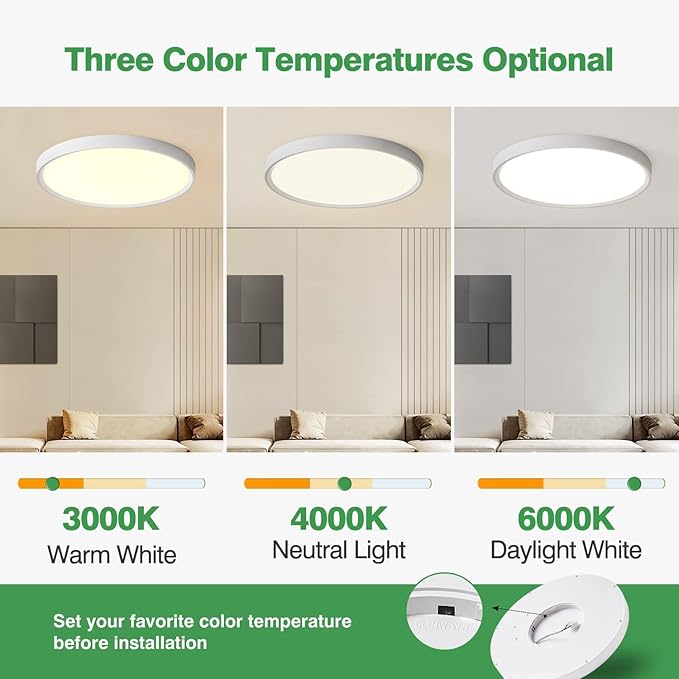6PK 12 Inch LED Flush Mount Ceiling Light, 24W, 2520LM, 3000K/4000K/6000K CCT Selectable, Round Flat Panel Light Low Profile Ceiling Light Fitures for Hallway, Kitchen, Bedroom, Laundry Room