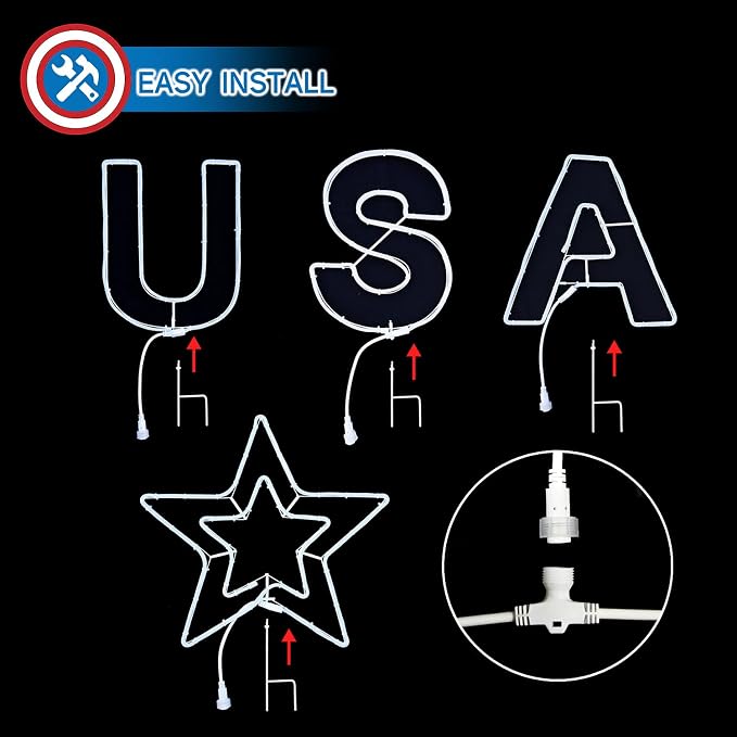 Russell Decor USA Patriotic Yard Sign Liights Star with 4-Level Dimmable Controller Waterproof Outdoor lights Red White Blue (6 ft x 2 ft)