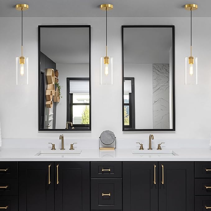 Modern Gold Glass Pendant Light: Cylinder Clear Glass Pendant Light over Kitchen Island - Simple Brass Hanging Lights with Short Tube - Height Adjustable Pendants Lighting Fixture for Bedroom Bathroom